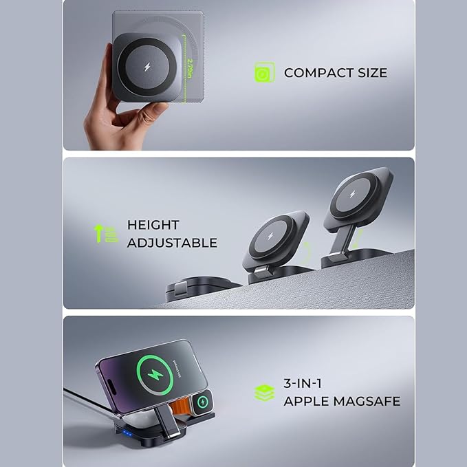Trendwave 3 in 1 Charging Station for Apple Magsafe Charger Travel Accessories Wireless Charger 3 in 1 for for Airpods iWatch iPhone 12-17 Pro Max Black