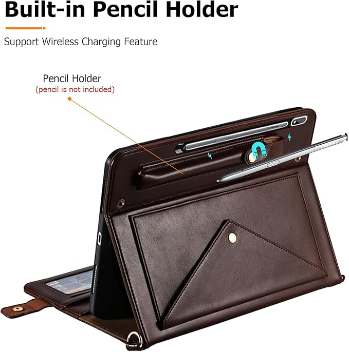 Dteck Case for Galaxy Tab S10 Plus/S9 Plus/S8 Plus+/S7 FE/S7 Plus 12.4 inchPU Leather Fold Business Stand Protective Cover with Pen Holder Card Slots Shoulder Hand Strap Handbag Wallet CaseBrown