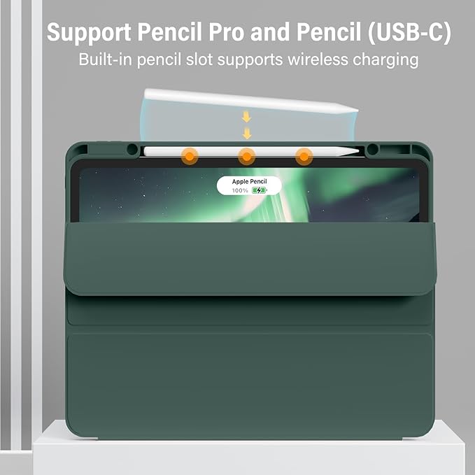 for iPad Pro 13 inch Case (M5/M4) 2025/2024 Slim Protective Cover with Pencil Holder Soft TPU Back Cover Trifold Stand Auto Wake/Sleep A2925 A2926 A3007 A3362 A3359 (Dark Green)