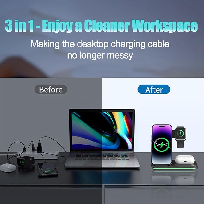 Wireless Charger for Multi Devices 3 in 1 Foldable Fast Charging Station Stand Compatible for iPhone 17 16 15 14 13 Pro for Apple Watch Series for AirPods 4 3 2 Pro for Samsung Galaxy Android (Black)