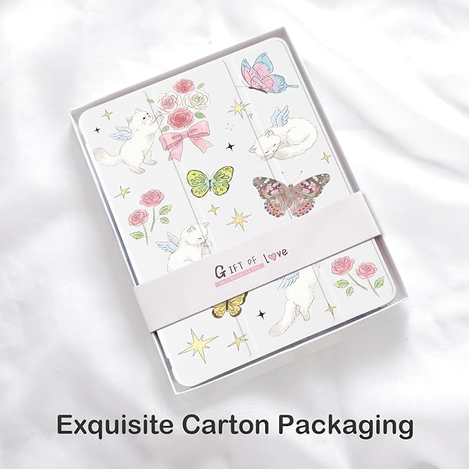 Cute Cat Kitten Butterfly for iPad Pro 13 Inch Case (M5/M4) 2025/2024 with Pencil Holder Auto Sleep/Wake White Leather Soft TPU Back Cover