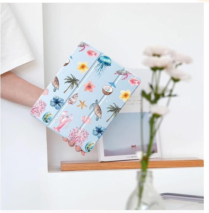 Cute Sea Turtle Flower Palm Tree for iPad mini 7 A17 Pro 2024/iPad Mini 6 Case with Pencil Holder Auto Sleep/Wake Blue Leather Clear Acrylic Back Cover
