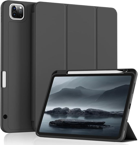 Case for iPad Pro 11 4th Gen 2022/3rd Gen 2021/2nd Gen 2020 with Pencil Holder Support Pencil Charging Soft TPU Back Cover Three-Stage Folding Support Auto Sleep/Wake Black