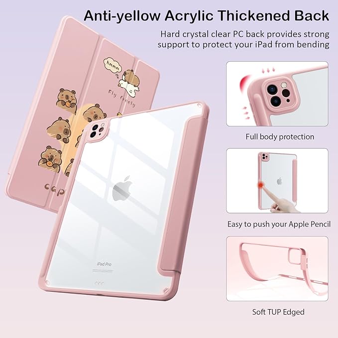 Cute Kawaii Capybara for iPad Pro 13 Inch Case (M5/M4) 2025/2024 with Pencil Holder Auto Sleep/Wake Pink Leather Clear Acrylic Back Cover