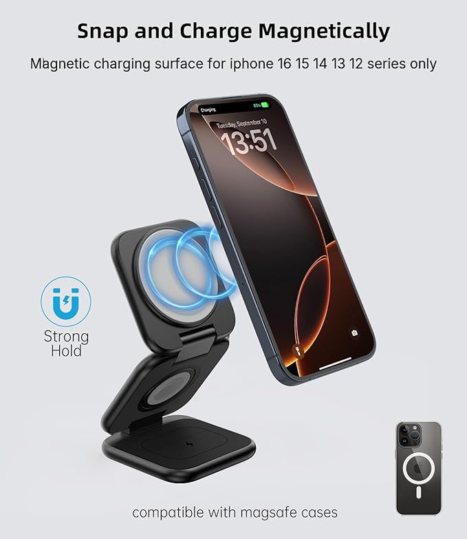 Foldable Magnetic Wireless Charger KU XIU X40 Aluminum Alloy 3 in 1 Charging Station for Apple Fast Mag-Safe Charger Stand for iPhone 16 15 14 13 12 Series 5W for iWatch AirPods 3/2/Pro Black