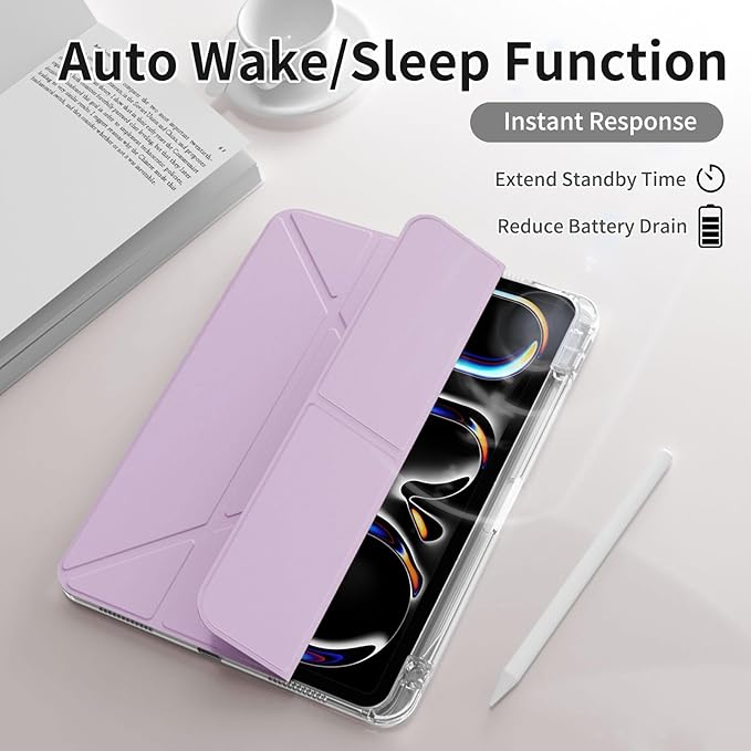 kenke Case for iPad Air 13 Inch (M3 2025/M2 2024) iPad Pro 12.9 Inch 6th/5th Generation (2022/2021) with Pencil Holder Y Folding Stand Cover with Hard Clear PC Back Support Touch ID Light Purple