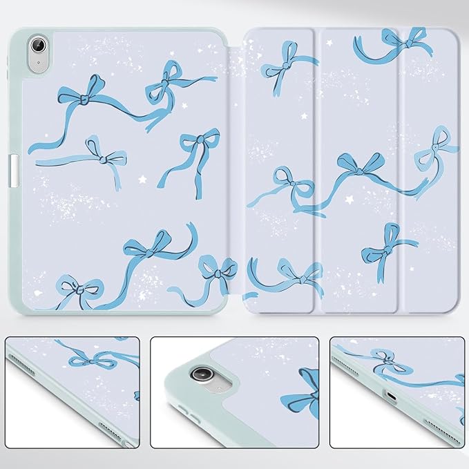Tuiklol Case for iPad 10.2 Inch 2021 2020 2018 Release 9th / 8th / 7th Generation Built-in Pencil Holder TPU Protective Stand Back Cover Trifold Stand-Auto Wake/Sleep Bow-Blue