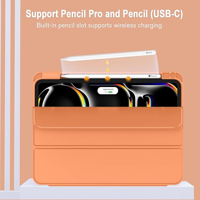 ZryXal iPad Pro 11 Inch Case (M5) 2025/ (M4) 2024 (Model: A2836/A2837/A3006) Trifold Stand Smart Cover with Pencil Holder and Soft TPU Back Auto Wake/Sleep (Orange)