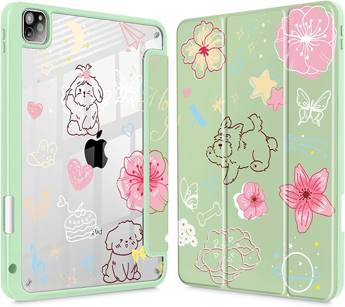 May Chen for iPad Pro 11 inch M2 4th Generation 2022 iPad Pro 11 3rd/2nd/1st Gen Case with Transparent Shockproof Back Cover [Built-in Pencil Holder Auto Sleep/Wake Green Flower Dog