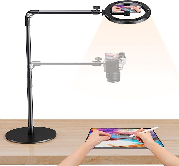 elitehood Overhead Phone Mount with Light for Video Recording Adjustable Desk Ring Light with Stand and Phone Holder Heavy Duty Overhead Camera Mount Tripod for iPhone Cooking Video Filming Meeting