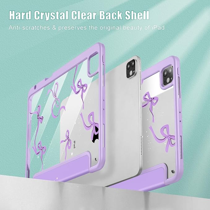 May Chen for iPad Pro 11 inch M2 4th Generation 2022 iPad Pro 11 3rd/2nd/1st Gen Case with Transparent Shockproof Back Cover [Built-in Pencil Holder Auto Sleep/Wake Bows Purple