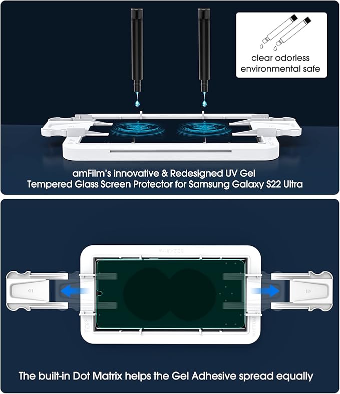 amFilm 3D Curved Tempered Glass for S22 Ultra Screen Protector Samsung Galaxy 5G 6.8 Inch Fully Compatible with UltraSonic Fingerprint Scanner and S Pen Upgraded Easier UV Gel Application(2 Pack)