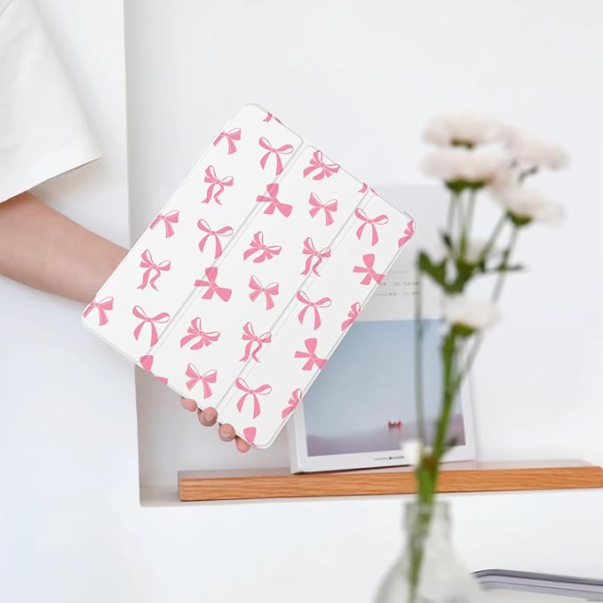 Cute Kawaii Bow for iPad 5th/6th Generation Case with Pencil Holder Auto Sleep/Wake Leather Soft TPU Back Cover for iPad 9.7 Inch