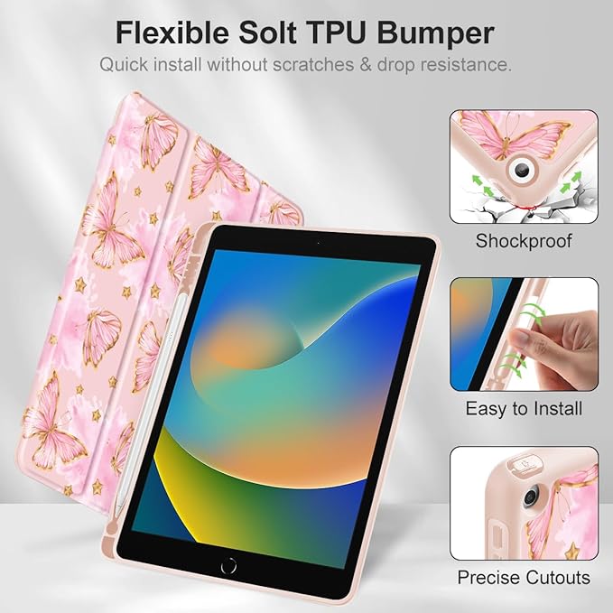 Tuiklol Case for iPad 10.2 Inch 2021 2020 2018 Release 9th / 8th / 7th Generation Built-in Pencil Holder TPU Protective Stand Back Cover Trifold Stand-Auto Wake/Sleep Butterfly Pink