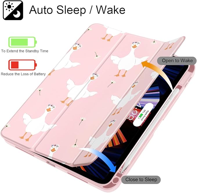 May Chen Case for iPad Air 13 Inch M4 2026 M3 2025 M2 2024 [Built-in Pencil Holder] Shockproof Cover with Clear Transparent Back Shell Auto Sleep/Wake Cover Goose Flower