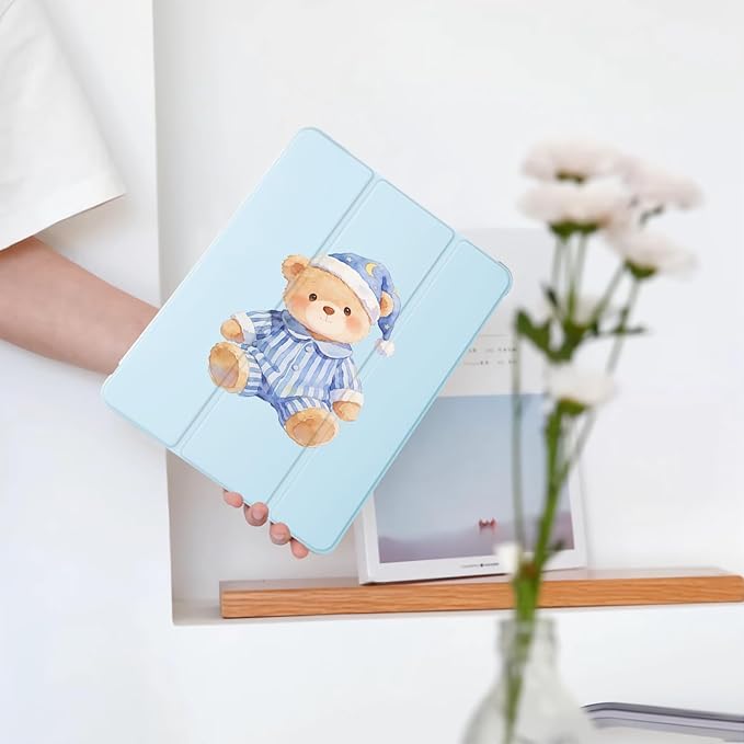 Cute Kawaii Bear for iPad 5th/6th Generation Case with Pencil Holder Auto Sleep/Wake Blue Leather Soft TPU Back Cover for iPad 9.7 Inch