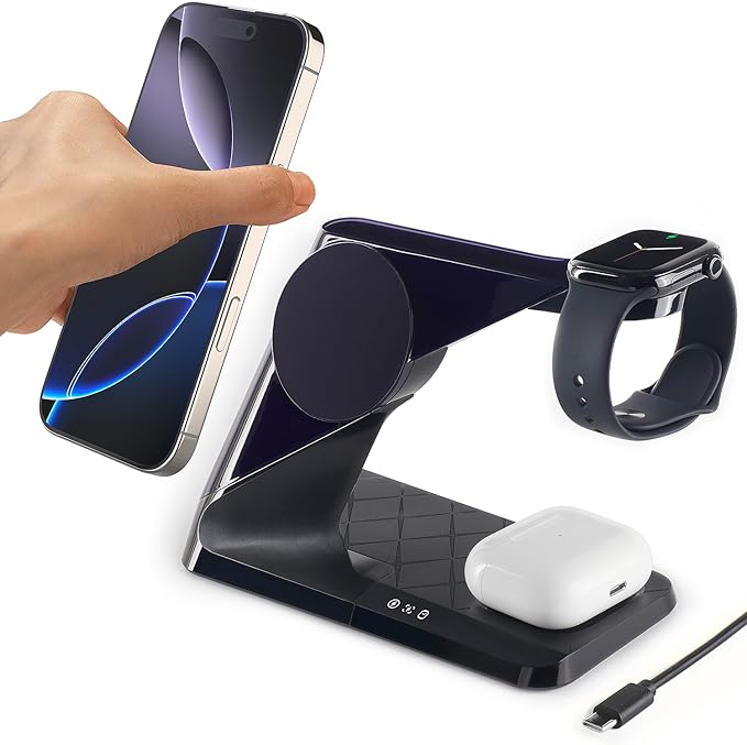 3 in 1 Charging Station for Apple Devices Mag-Safe Charger Stand Wireless Charger for iPhone 16/15/14/13/12 Series&amp AirPods&amp iWatch Adapter Not Included