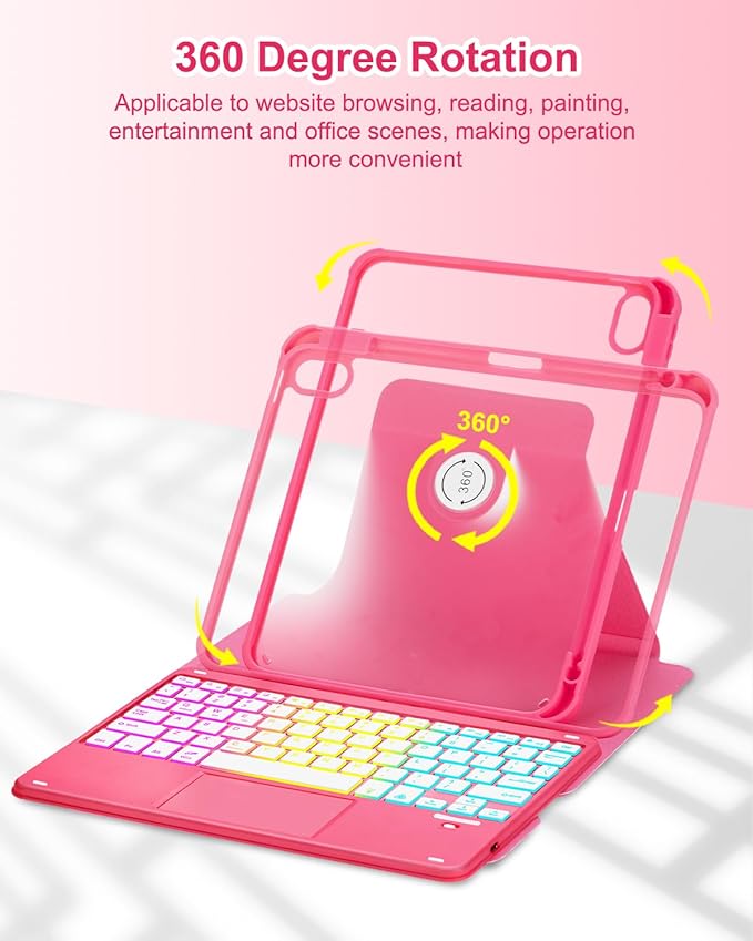 Touchpad Keyboard Case for iPad (A16) 11th 10th Generation 360 Rotation Cover with Pencil Holder Wireless Backlit Detachable Keypad for iPad 11 inch 2025/10 Gen 10.9 2022 Watermelon Red