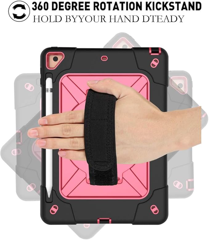Jaorty for iPad air 2/iPad Pro 9.7 2016 case360 Rotable Handle Kickstand Layer Pencil Holder Shockproof with Strap Shoulder Case for iPad 6th/5th GenerationNew iPad 9.7 2017/2018Black+Rosered