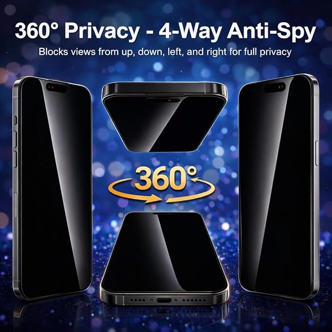 [2+2 Pack 360 Degree Privacy Screen Protector for iPhone 15 Pro Max – [360° 4-Way Anti-Spy] [Auto Dust Removal] [Bubble-Free Installation] – Shatterproof Tempered Glass