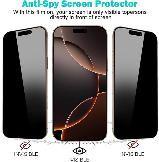 3 Pack for iPhone 17 Privacy Full Screen Protector +2 Camera Lens Protector 9H+ Tempered Full Cover Glass Military Grade Shatterproof Anti Spy Auto Installation kit