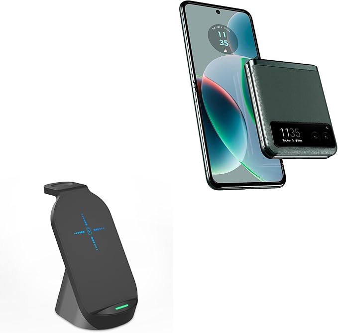 BoxWave Charger Compatible with Motorola razr (2023) - Compact Wireless MultiCharge Stand (10W) Wireless Qi Stand Charger Watch Earbuds - Jet Black