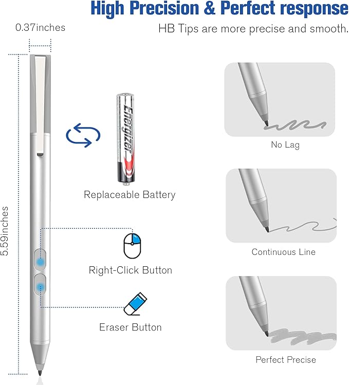 Pen Stylus for Surface Pro 11/10/9/8/X/7+/7/6/5/4/3/Surface 3 Surface Laptop/Studio/Book/Go 1st-5th Kobo eReaders with Palm Rejection 1024 Levels Pressure 2500h Working Hours