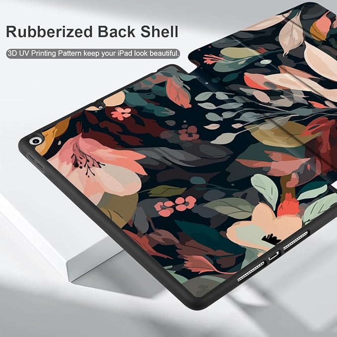 DONGKE Case Compatible with iPad 10.2 Inch 2021 2020 2019 iPad 9th/8th/7th Generation with Pencil Holder Slim Stand Protective Case with Soft TPU Back Auto Sleep/Wake Cover Painted Florals