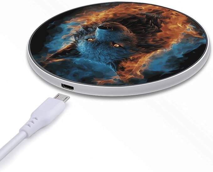 Wolf Head in Blue Flames Wireless Charger Fast Wireless Charging Pad with USB Cable 10W Anti-Slip Magnetic Wireless Charger Portable Slim Charger Puck Travel Charging Station