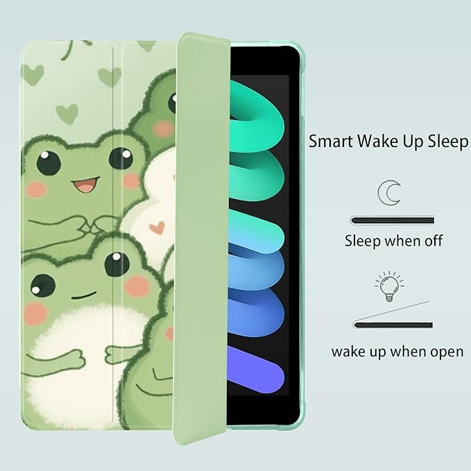 Kawaii Cute Frog for iPad 5th/6th Generation Case with Pencil Holder Auto Sleep/Wake Green Leather Soft TPU Back Cover for iPad 9.7 Inch