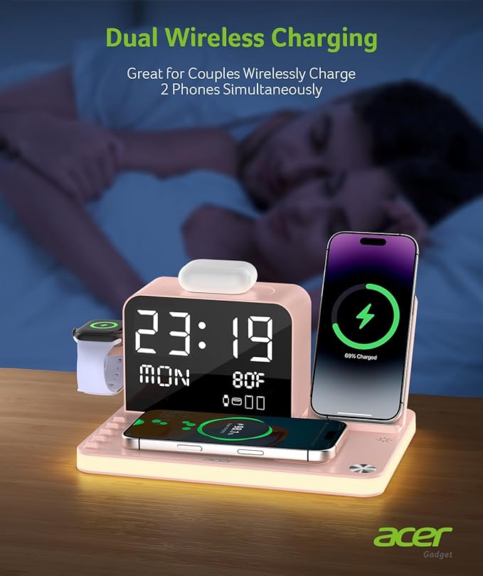 Acer 7-in-1 Wireless Charging Station with LED Clock - 30W Fast Wireless Charger for iPhone 16/15/14/13/12/Pro Max Apple Watch AirPods - Bluetooth Auto Time Sync &amp Night Lights (Pink)