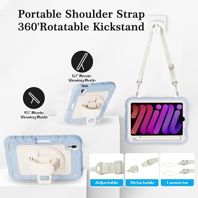 for iPad mini 7 A17 Pro/iPad mini 6 8.3 Inch Case iPad mini 7th/6th Generation Case (2024/2021) with Pencil Holder/Kickstand Hand Strap/Shoulder StrapBlue+White