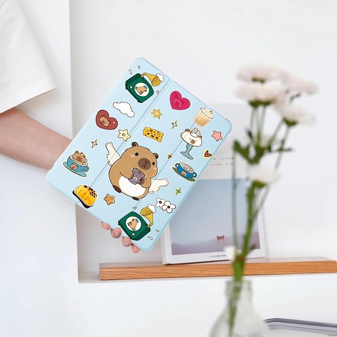 Cute Kawaii Capybara for iPad (A16) 11th Generation Case 11 Inch 2025 for iPad 10th Generation Case 10.9 Inch 2022 with Pencil Holder Auto Sleep/Wake Blue Leather Soft TPU Back Cover