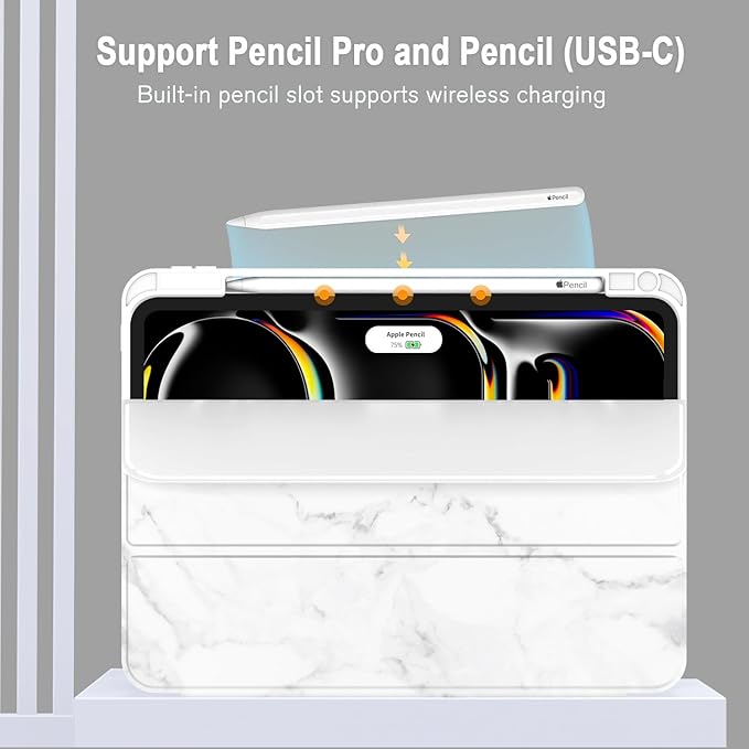 ZryXal New iPad Pro 13 Inch Case (M5) 2025 / (M4) 2024 with Pencil Holder Smart iPad Case [Support Pencil Pro and Pencil (USB-C)] Support Touch ID and Auto Wake/Sleep (Marble White)