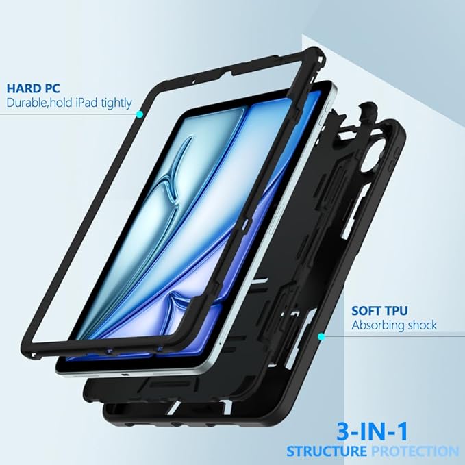 Puxicu Case for iPad Air 11 Inch (M3/M2-2025/2024) iPad Air 5th Generation 2022/4th Gen 2020 10.9 Inch Heavy Duty Rugged Protective Built-in Pencil Holder Black