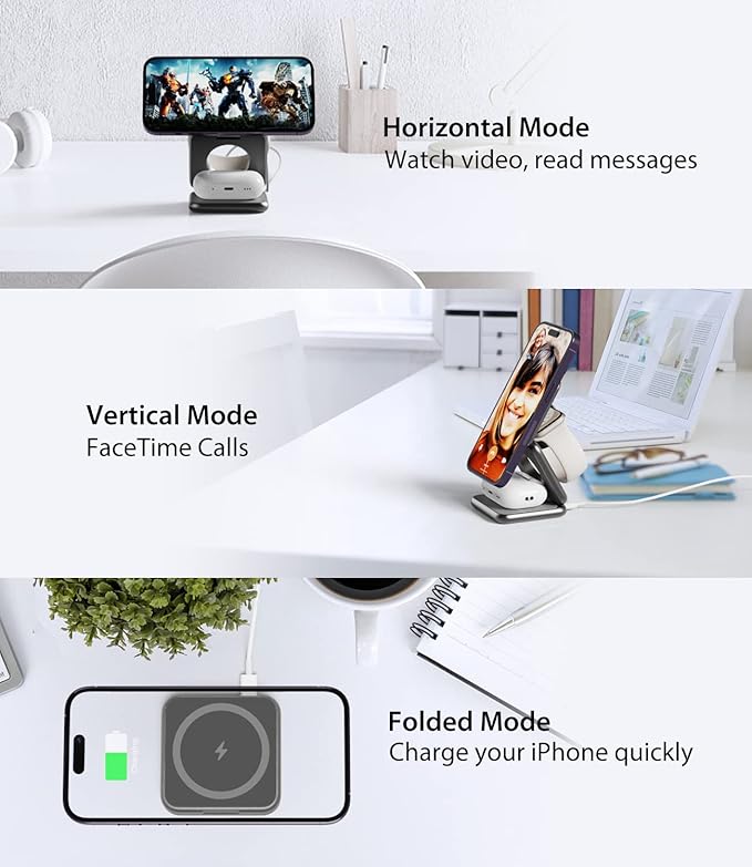 Foldable Magnetic Wireless Charger KU XIU X40 Aluminum Alloy 3 in 1 Charging Station for Apple Fast Magnetic Charger Stand for iPhone 17 16 15 14 13 12 Series 5W for iWatch AirPods 3/2/Pro Gray