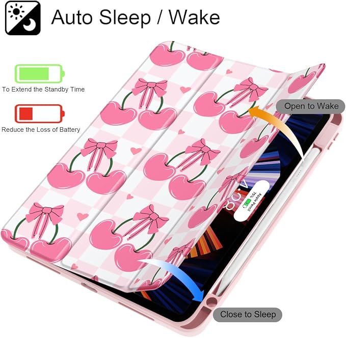 May Chen Case for iPad Pro 11-Inch M5/M4 2025/2024 (6th/5th Generation) Clear Transparent Print Back Shell Slim Stand Shockproof Tablet Cover Auto Wake/Sleep Pink Cherries &amp Bows