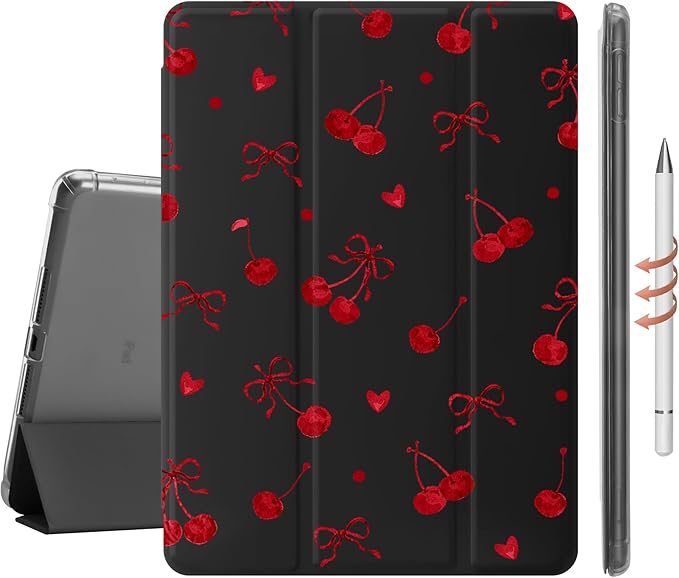 Idocolors Cute Red Bow Cherry Case for 10.9 iPad 2022/2025(10th/11th Gen) Tri-Fold Tablet Case with Auto Wake/Sleep &amp Pencil Holder - Vibrant Protective Cover for Women Girls and Teens (Black)