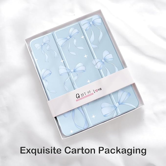 Cute Blue Ribbon Bow for iPad Pro 11 Inch Case (M5/M4) 2025/2024 with Pencil Holder Auto Sleep/Wake Blue Leather Clear Acrylic Back Cover