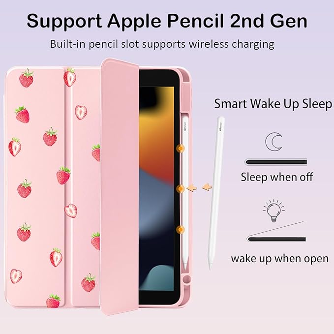 Cute Kawaii Strawberry for iPad 7th/8th/9th Generation Case 10.2 Inch 2019/2020/2021 with Pencil Holder Auto Sleep/Wake Pink Leather Acrylic Back Cover