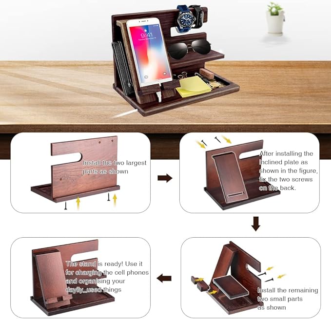 Gifts for Men Christmas Wood Phone Docking Station Mens Gifts for Birthday or Gifts for Dad Fathers Day Desk Workspace Organizer Nightstand Organizer Key for Wallet &amp Watch Holder Husband Chris