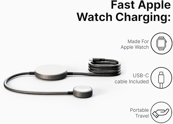 Zens Charging Cable Pro 2 – Qi2 Magnetic Wireless Phone Charger up to 15 W for iPhone 17/16/15/14/13/12 Apple Watch Fast Charge USB-C to USB-C Aluminium Housing 3.3 ft Cable