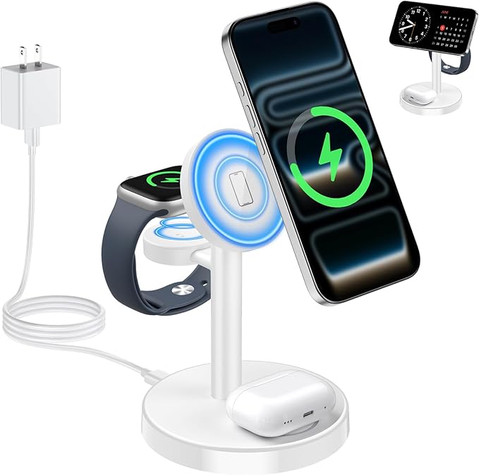2026 3 in 1 Wireless Charging Station Compatible with MagSafe 15W Fast Magnetic Mag-Safe Charger Stand for Apple iPhone 17 16 15 14 13 12 Series iWatch AirPods Pro 4 3 2 White