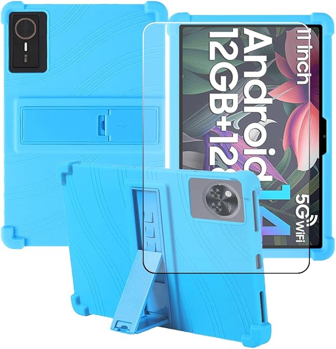 Compatible for ECOPAD T30 10.1 Inch Tablet Case + Screen Protector Tempered Glass Film Soft Silicone Full Coverage Adjustable Stand Protective Tablet Cover Baby Blue