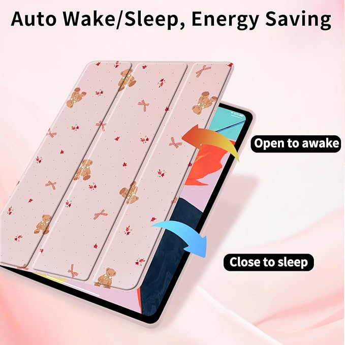 Lovely Bear Bowknot Case for iPad 5th/6th Generation(2017/2018) for iPad Air/Air 2 9.7 Inch with Pencil Holder Kawaii Girly Pink Leather Clear Back Shell Foldable Protective Cover