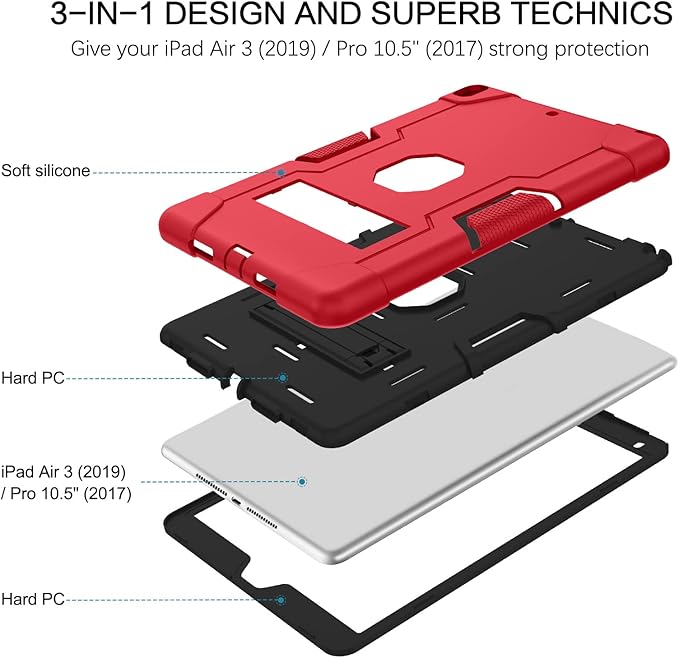 BENTOBEN for iPad Air 3rd Generation Case iPad Pro 10.5 2017 Case 3 Layers Heavy Duty Rugged Shockproof Kickstand Protective Tablet Case for iPad Air 3 10.5 2019 /iPad Pro 10.5 2017 Red/Black