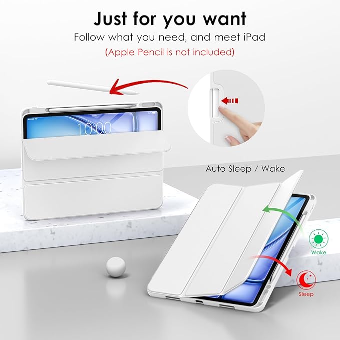 DTTO for iPad Air 13 Inch Case M4/M3/M2 2026/2025/2024 iPad Pro 12.9 Inch Case (6th/5th/4th/3rd Gen) Smart Slim Trifold Stand Soft Cover with Pencil Holder White