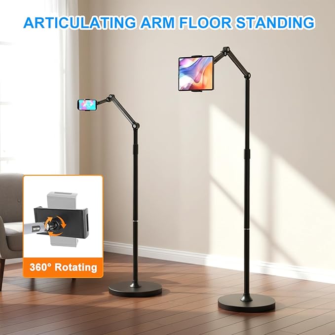 66“ Floor stand articulating arm with adjustable on Bed&ampCouch iphone stand and tablets standSturdy and Stable tripod replacementMinimalist Design Space-Saving Highly Flexiblecantilever Brac