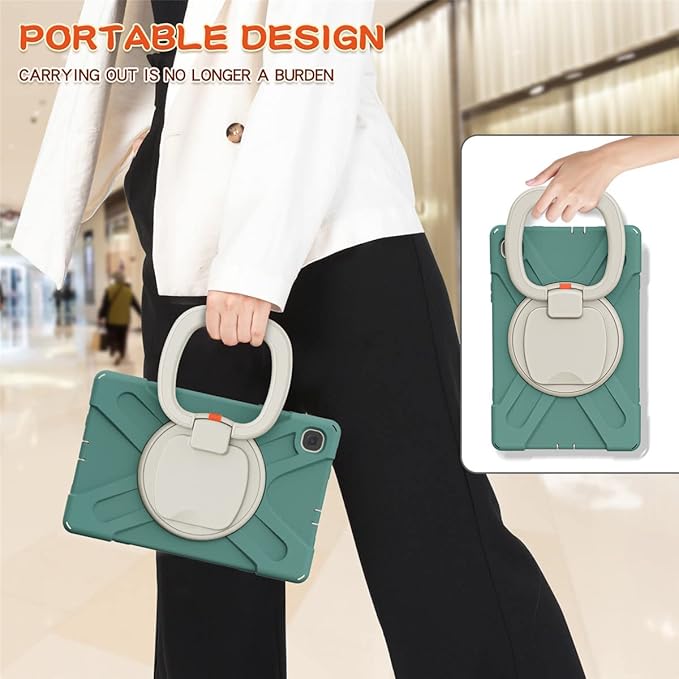 360 Rotation Case for Samsung Galaxy Tab S6 Lite 10.4 Sturdy Cover Rotate Ring Stand Shoulder Carrying Strap Hand Strap Rugged Children Adults Outdoor Case (DarkGreen)