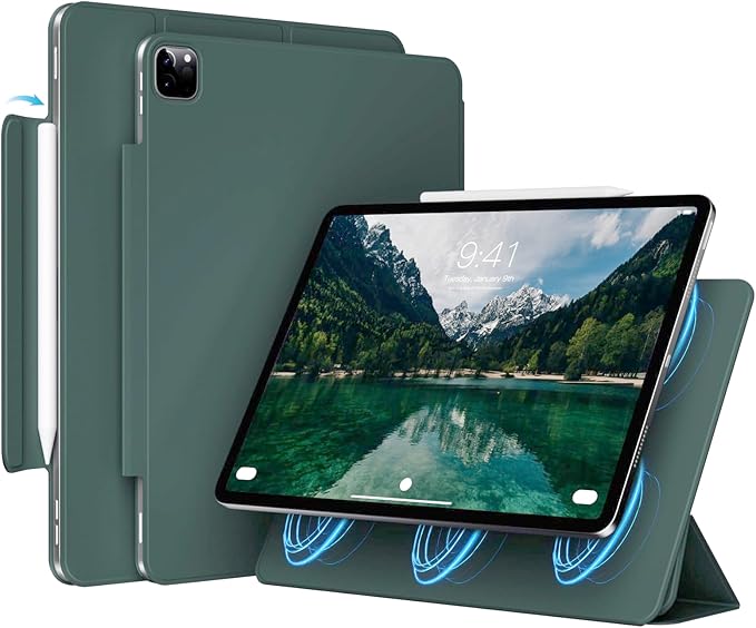 Magnetic Case for iPad Air 13 Inch M3/M2 (2025/2024) iPad Pro 12.9 inch 6th/5th Generation (2022/2021) | Auto Sleep/Wake | Pencil Pro &amp USB-C | Non-Slip PU Leather Protective CoverDark Green